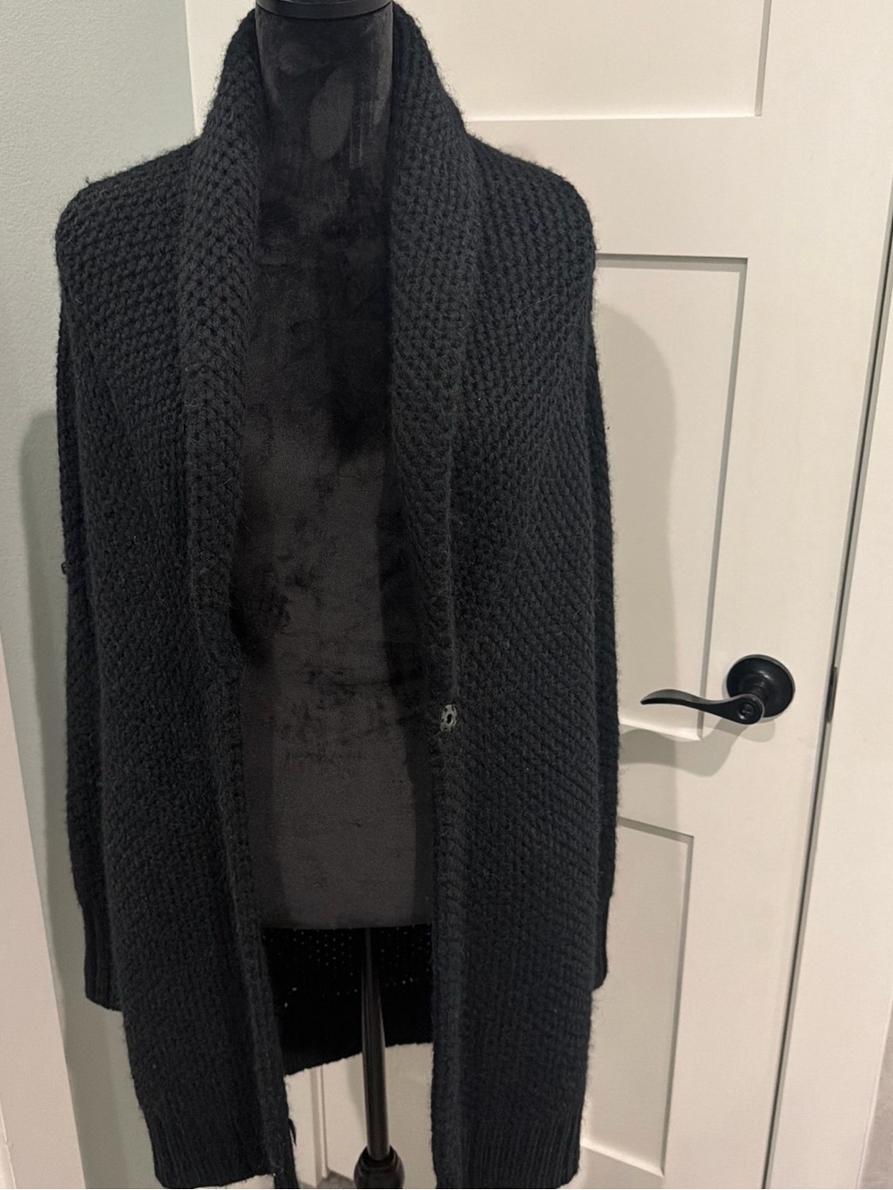 Max Studio ALPACA Wool Blend Black Open-Front Button Chunky Knit Cardigan Sz M